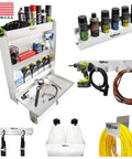 Trailer Garage Aluminum Cabinet Organizer Kit USA Made All In One Workbench Storage With Ratchet Tie Down Strap Holder Cord And Hose Hanger Utility Jug Rack Aerosol Can Shelf And Wall Tool Hanger components displayed.