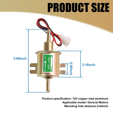 Heavy Duty 12V Low Pressure Fuel Supply Pump For Cars And Motorcycles Plunger Transfer Unit with size dimensions and connectors.