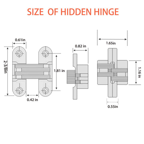 Diagram of 4 Pack Hidden Hinges For Cabinet Doors Zinc Alloy Invisible Hinge 180 Degree Swing Hidden Door Hardware dimensions.