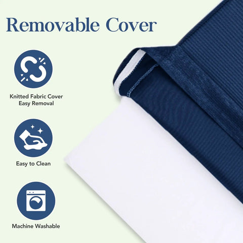 Close-up of navy blue outdoor chair cushion covers showing removable, knitted fabric; includes icons for easy cleaning and machine washable.