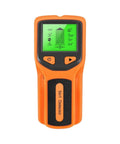 For Stud Finder Wall Scanner, 5-in-1, LCD Display, Center Finder, Backlit with green display and orange grip.