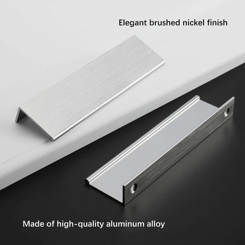 10 Pack 5 Inch Brushed Nickel Cabinet Pulls Finger Pulls And Edge Pulls shown with brushed nickel finish on a table surface.