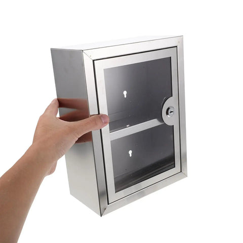Locking Wall Mounted Stainless Steel Storage Box With Double Layer Design, see-through door held by hand