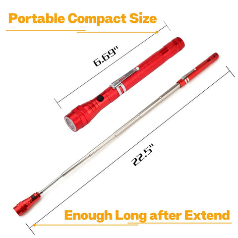 Magnetic Flashlight Pickup Tool With LED Telescoping Magnet Gadget in Red compact size with dimensions