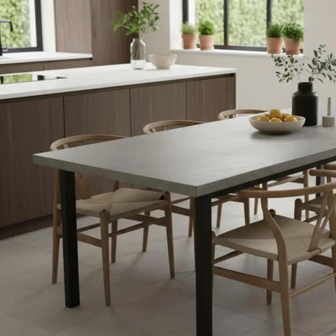 Modern kitchen with concrete countertop and dining table showcasing Pro Grade Water Based Concrete Countertop Sealer Kit Food Safe Formula.