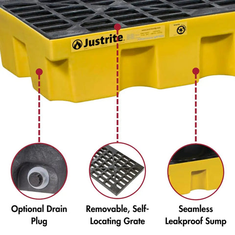 Heavy Duty 4 Drum Spill Containment Pallet With Drain And 9 Inch Tall Design, 75 Gallon Capacity For 55 Gallon Drums, Rugged Polyethylene Construction, Keeps Hazardous Liquids Off Floors, Made In USA, Bright Yellow