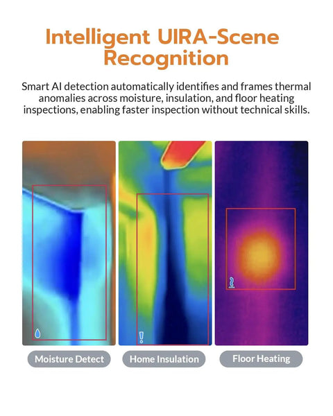 GT16S Thermal Camera With AI Scene Detection And Built In Thermometer Mode, Auto Flagged Moisture Insulation And Floor Heating Alerts, Quick Issue Highlights For Pros And DIYers, Ideal For Fast Home And Jobsite Inspections. UI scene recognition for moisture, insulation, and floor heating