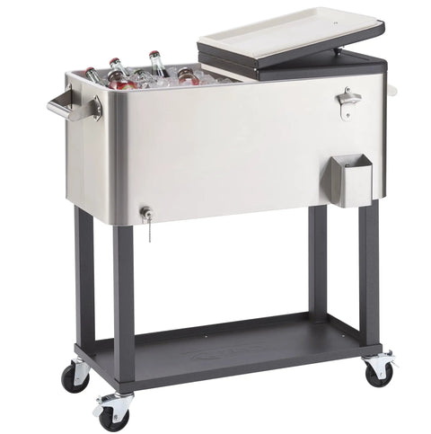Stainless Steel Beverage Cooler On Wheels With Protective Cover, Rolling Cart With Shelf, 80 Quart Capacity, Holds 96 Cans