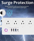 Kick Outlet Chaos With This Slick Smart Surge Protector Featuring Four Independently Controlled Ac Outlets Plus Four Fast Usb Ports And Matter Sync For Seamless Alexa And Google Control Over A Tough Five Foot Extension Cable For Daily Gear, showing four AC plugs and USB ports.