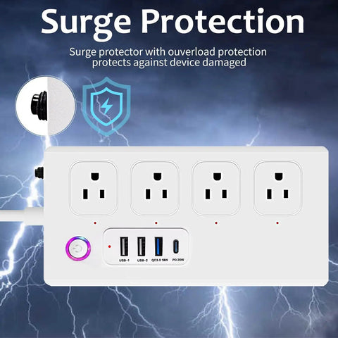 Kick Outlet Chaos With This Slick Smart Surge Protector Featuring Four Independently Controlled Ac Outlets Plus Four Fast Usb Ports And Matter Sync For Seamless Alexa And Google Control Over A Tough Five Foot Extension Cable For Daily Gear, showing four AC plugs and USB ports.