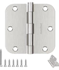 Brushed Nickel Door Hinges 3-Pack 3.5 Inch Interior Hinges 5/8" Radius Rounded Corners with Screws shown in flat view