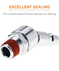 Three Pack 1/4 Inch Swivel Air Tool Fittings With 360 Degree Rotatable Quick Connect MNPT Plugs For Air Compressors, Industrial Pneumatic Adapters, Durable 1/4 Inch NPT Male Threads, zinc-plated steel fitting with pre-coated sealant thread
