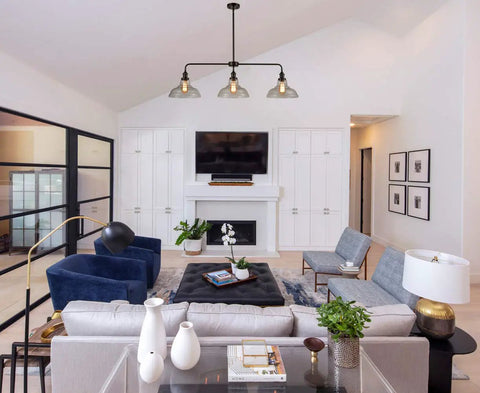 Spacious living room with Industrial Glass Island Pendant Light In Oil Rubbed Bronze, Large Modern Hanging Fixture For Kitchen Island visible.