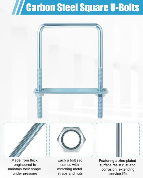 Square U Bolts 4 Inch Wide Zinc Plated Carbon Steel For Sailboat Trailers Tubes And Industrial Use Three Eighths Inch By Four Inch By Seven Inch Heavy Duty Rust Resistant Hardware, featuring bolt and components.