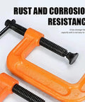 Beefy 2 Inch C Clamp Heavy Duty Steel Clamp for Woodworking Welding and Building with Rust Resistant Body and Anti Slip Screw for a Rock Solid Grip on Wood Metal Shelves Benches and All DIY Projects, orange steel C clamp close-up