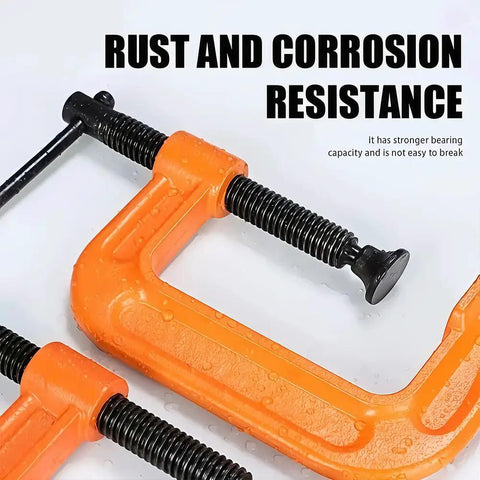 Beefy 2 Inch C Clamp Heavy Duty Steel Clamp for Woodworking Welding and Building with Rust Resistant Body and Anti Slip Screw for a Rock Solid Grip on Wood Metal Shelves Benches and All DIY Projects, orange steel C clamp close-up