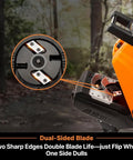 Close-up of FD1503 Electric Wood Chipper Shredder dual-sided blade showing 15 Amp motor and blade design
