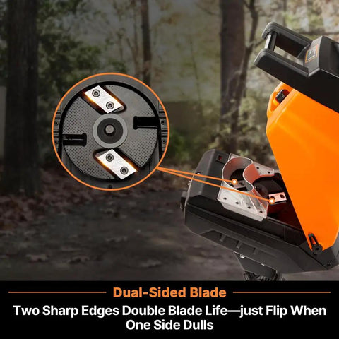 Close-up of FD1503 Electric Wood Chipper Shredder dual-sided blade showing 15 Amp motor and blade design