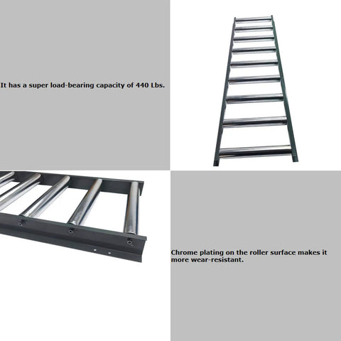 Intersumai 9 Roll Conveyor Table, Heavy Duty 440 Lbs Capacity, 65 Inch Long Industrial Roller Bed showing chrome plated rollers.