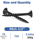 Black Deck Screws With Epoxy Coating For Wood Fence And Outdoor Decking, showing size 8x1.5 inches, T25 Torx, trial size 70 pieces