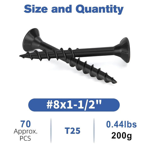 Black Deck Screws With Epoxy Coating For Wood Fence And Outdoor Decking, showing size 8x1.5 inches, T25 Torx, trial size 70 pieces