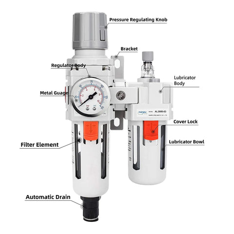 Three Eighths Inch NPT Auto Drain Air Filter Regulator Lubricator FRL Heavy Duty Combo With Water Oil Trap Separator Gauge