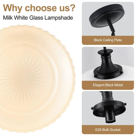 puncoll 13.8‘’ Vintage Milk Glass Pendant Light Kitchen Island close-up of milk white glass lampshade and black ceiling plate