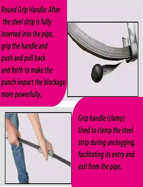 Heavy Duty Steel Tape Drain Snake For Tough Main Sewer Clogs And Grease Buildup Professional Unblock Rod with round grip handle usage.