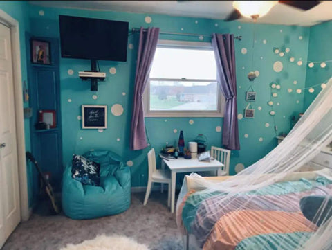 Room with 63 White Polka Dot Wall Decals For Kids Rooms And Nurseries, Peel And Stick Vinyl Dots For A Kid Friendly Room Makeover