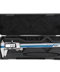 0.01mm Digital Caliper 150mm 6 Inch Stainless Steel inside a black storage case with LCD display and measurement scale.
