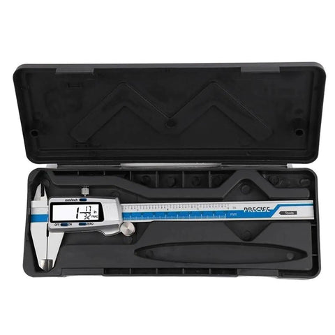 0.01mm Digital Caliper 150mm 6 Inch Stainless Steel inside a black storage case with LCD display and measurement scale.