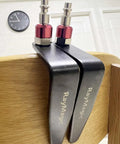 Steel Pneumatic Rafter Hook Hanger with swivel fitting on wooden surface, showing red steel fittings and black hooks