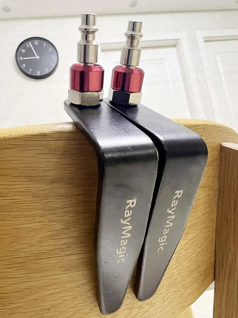 Steel Pneumatic Rafter Hook Hanger with swivel fitting on wooden surface, showing red steel fittings and black hooks