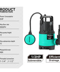 Heavy Duty Sump Pump 2000GPH Submersible Water Pump With One Half HP Auto Float Switch displayed with specifications