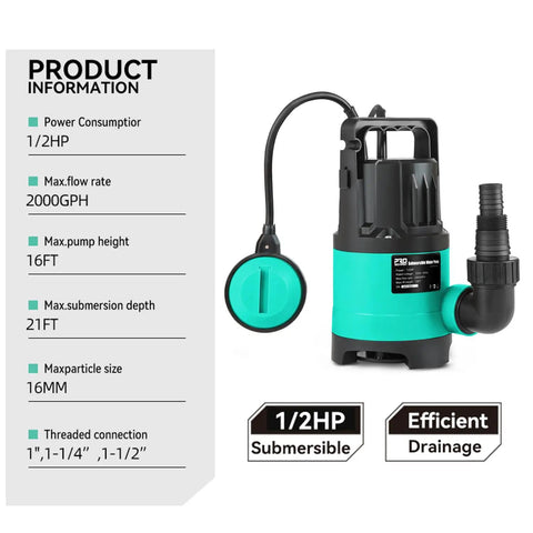 Heavy Duty Sump Pump 2000GPH Submersible Water Pump With One Half HP Auto Float Switch displayed with specifications
