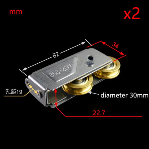 Top Shelf Stainless Steel And Copper Double Wheel Pulley Rollers For Sliding Doors And Windows Bulletproof Heavy Duty Silent Cabinet Track Wheels With No Sweat Install 2 Pack dimensions labeled with size 82mm x 34mm x 22.7mm.