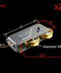 Rock Solid Sliding Door Pulleys Double Wheel Stainless Steel Track Rollers with gold wheels, dimensions marked for fittings.