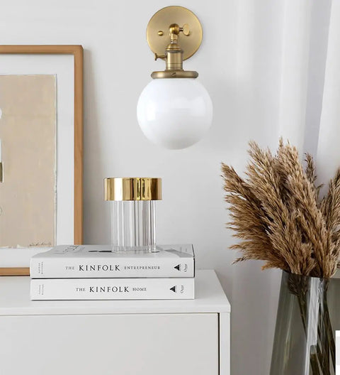 Hardwired Wall Sconce With White Globe Glass Brass Vanity Light For Bathroom Vintage Retro Vibe Wall Fixture With On Off Switch