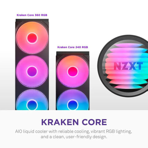 Keep Your Rig Ice Cold With This Dope 240MM AIO CPU Cooler Featuring Fast RGB Lighting Super Quiet Operation Smooth Motherboard Hookup And Sleek Black Finish For Effortless Gaming Upgrades That Never Break A Sweat, showcasing Kraken Core 240 RGB and 360 RGB designs.