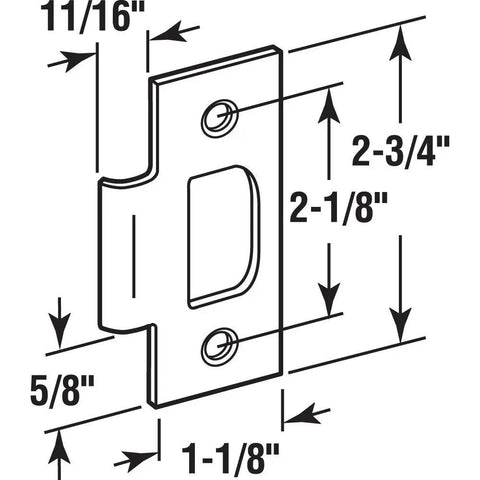 Dead Nuts Secure Heavy Duty Stainless Steel T Strike Door Plate dimensions illustration showing size 2-3/4in by 1-1/8in for secure entry.