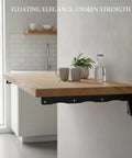 Hidden L Shaped Steel Floating Shelf Bracket In Black Wall Mount for home storage, supporting wooden shelf in kitchen.