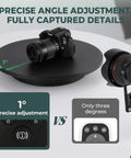 Camera placed on Huge Fly Rivergo Cordless Turntable For Photography 16.5 Inch with precise angle adjustment feature.
