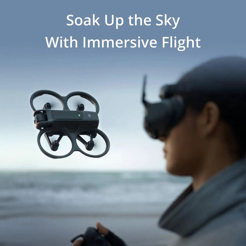 Avata 2 FPV Drone Bundle With 3 Batteries Fly More 4K Video 128GB Memory Card USB Card Reader flying near person with goggles