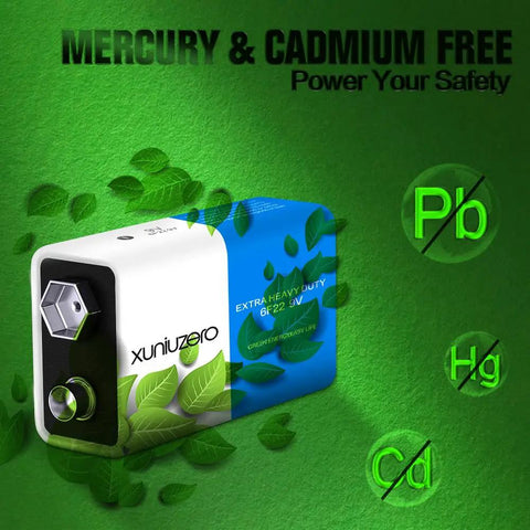 Stock Up On These 4 Pack 9V Batteries For Smoke Detectors Alarms Wireless Doorbells And Electronics They Bring Heavy Duty Reliability Smoothly Without The Hassle, showing a 6F22 9V battery with eco-friendly design.