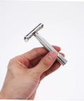 Long Handle Safety Razor for Men With Butterfly Open Design, Old School Vintage Style Beard Shaver and Facial Hair Remover, Sealed Head for Close Smooth Shaves, Easy Grip Manual Shaving Kit held in hand