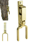 Farm Gate Latch Instant Locking Fence Gate Latch Heavy-Duty One-Hand Gates Locks for Farm, Ranch & Backyard, Wood, Metal & Pipe Gates mounted on a wooden post.