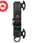 Top view of Bed Mounted Retractable Tie Down Straps For Chevy Silverado And GMC Sierra, showing black metal and red latch details.