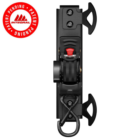 Top view of Bed Mounted Retractable Tie Down Straps For Chevy Silverado And GMC Sierra, showing black metal and red latch details.