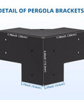 Heavy Duty 4x4 Pergola Brackets Kit showing 3-way 90 degree black steel bracket with dimensions for DIY wood projects.