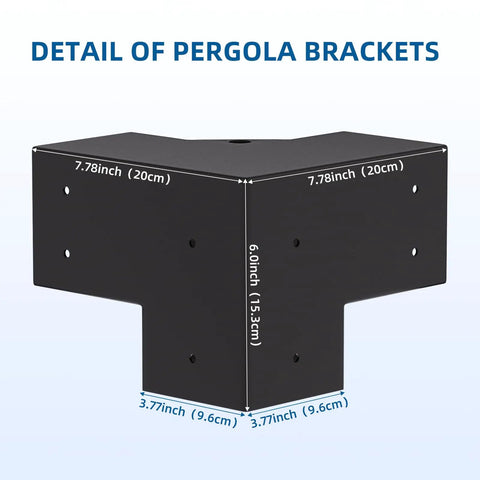 Heavy Duty 4x4 Pergola Brackets Kit showing 3-way 90 degree black steel bracket with dimensions for DIY wood projects.